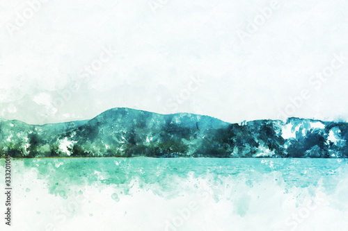 Obraz na płótnie Abstract Colorful mountain peak and river on watercolor illustration painting background.