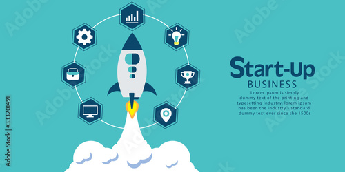 Rocket flying with icons of strategy, marketing, money and investment. Concept of business successful, growth strategy and investment in startup © vijay0401