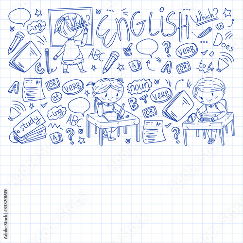 Online english school for children. Learn language. Education vector illustration. Kids drawing doodle style image.