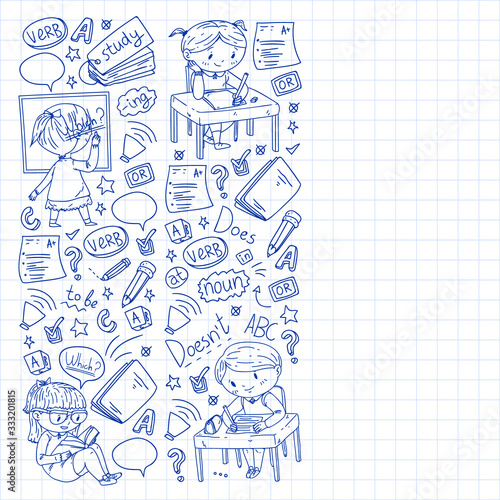Online english school for children. Learn language. Education vector illustration. Kids drawing doodle style image.