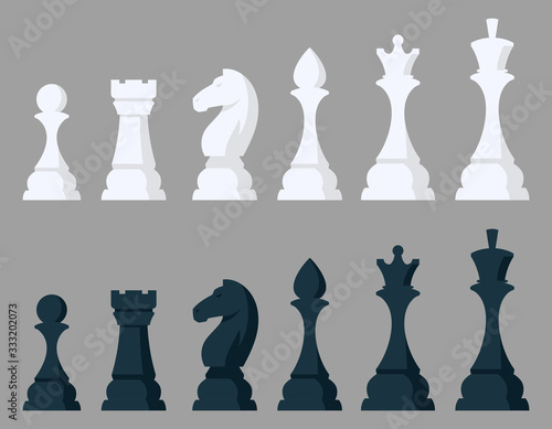 Set of chess pieces. Black and white objects in cartoon style.