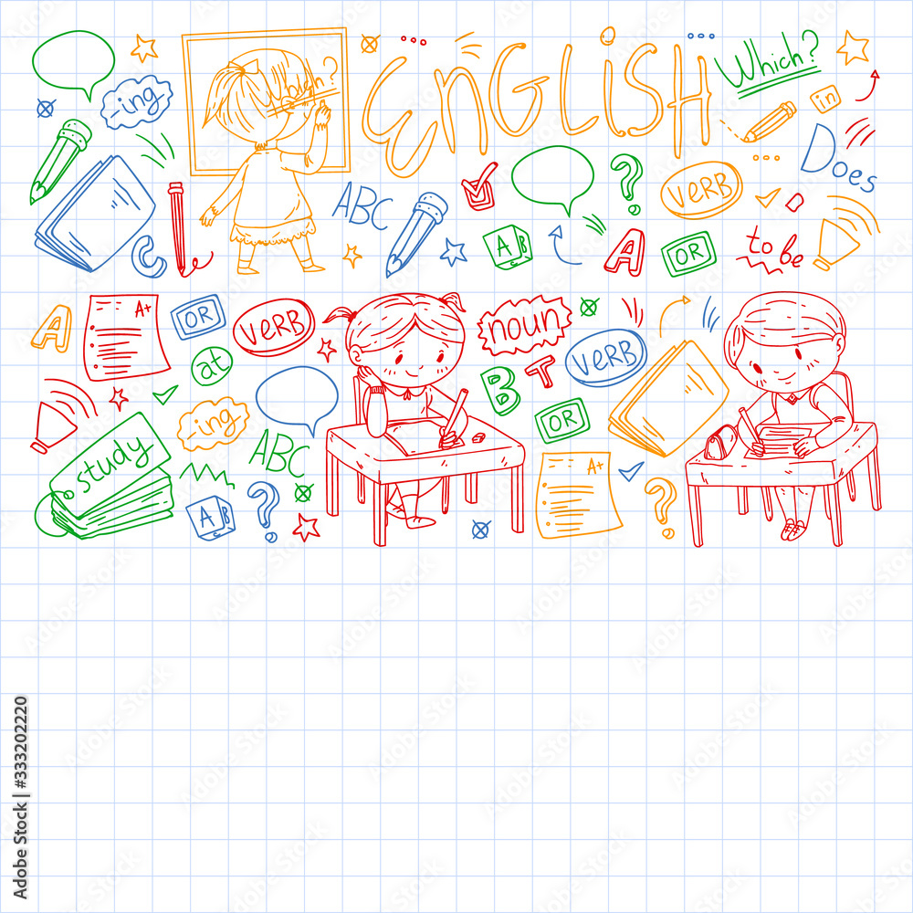 Online english school for children. Learn language. Education vector illustration. Kids drawing doodle style image.