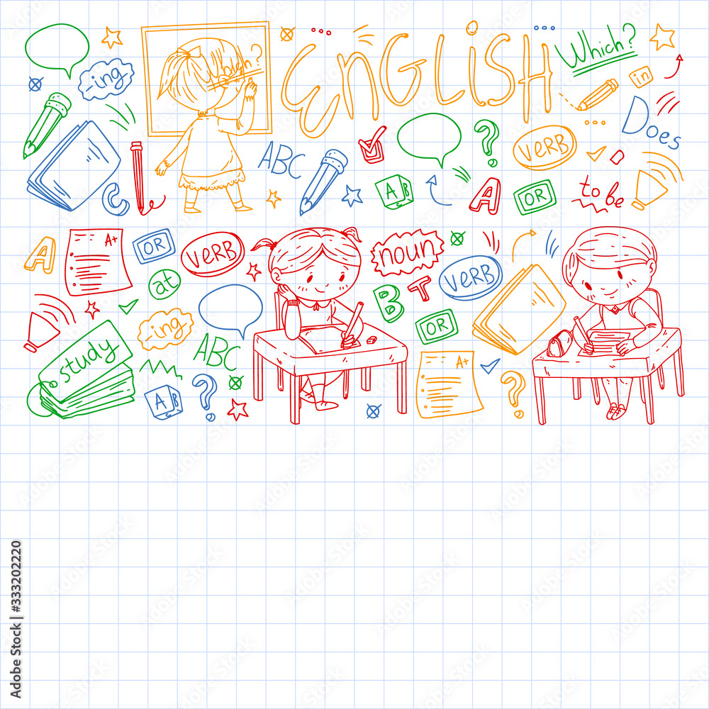 Online english school for children. Learn language. Education vector illustration. Kids drawing doodle style image. Online english school for children. Learn language. Education vector illustration. Kids drawing doodle style image.