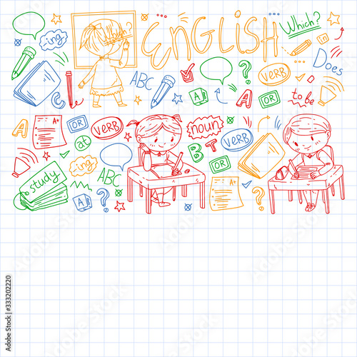 Online english school for children. Learn language. Education vector illustration. Kids drawing doodle style image.
