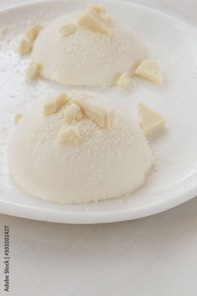 Delicious italian dessert panna cotta with milk chocolate on a plate on white background