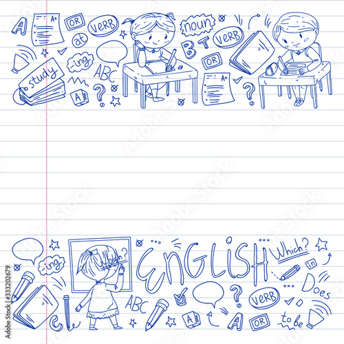 Online english school for children. Learn language. Education vector illustration. Kids drawing doodle style image.
