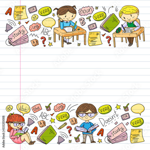 Online english school for children. Learn language. Education vector illustration. Kids drawing doodle style image.