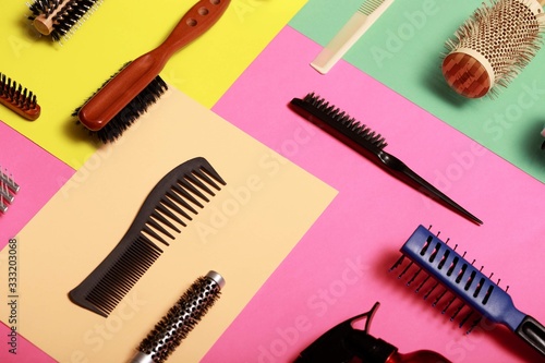 Hairdressing mockup - with brush, spray and sciccors - on white background top-down frame copy space. Background. Tools for the hairdresser. 