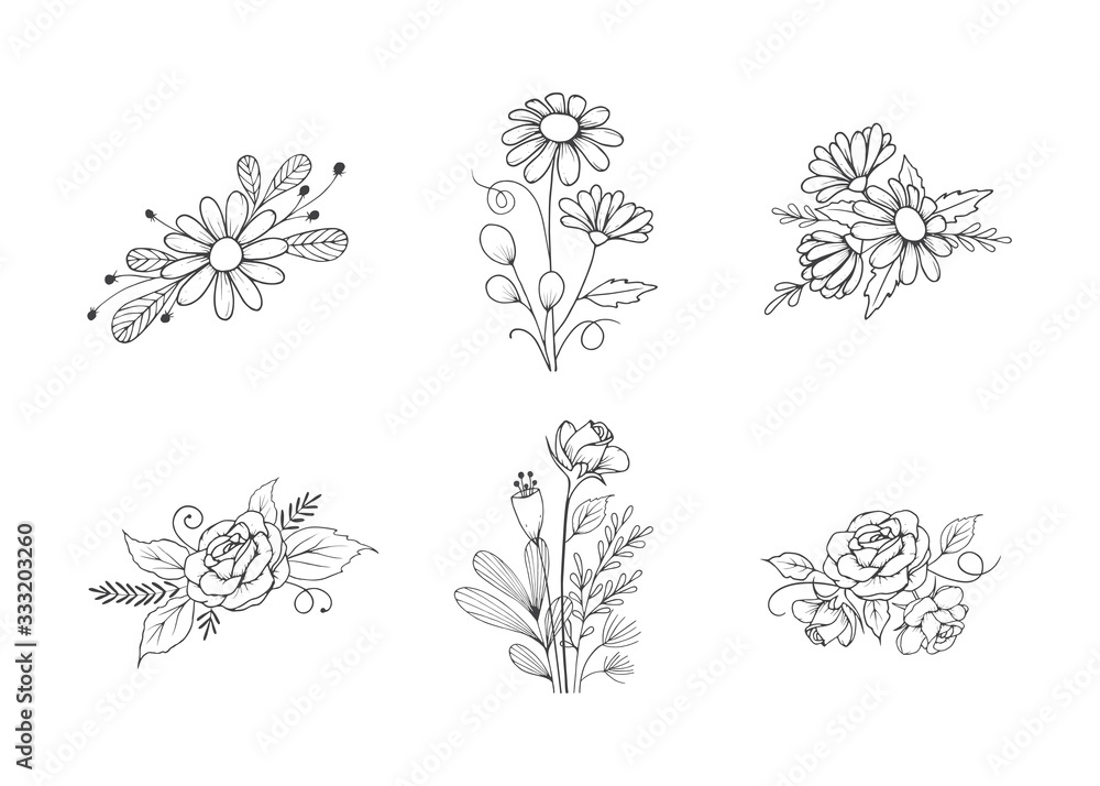 Set of Hand Drawn Line Art Flower Bouquet Set of Hand Drawn Line Art Flower Bouquet