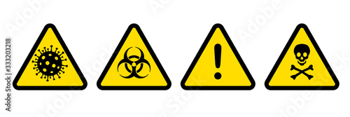 Pandemic danger symbol icons Coronavirus outbreak covid-19. Coronavirus, biohazard, general warning and toxic sign. 2019-nCoV symptom in Wuhan China. Vector caution icon