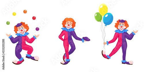 Set of clowns in different poses. Funny characters in cartoon style isolated on white background.