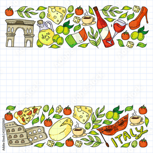 Italy. Order italian cuisine delivery, food online. Vector set of icons for restaurant, cafe, backgrounds. Coliseum, Rome, Pisa, Venice. Cheese and Pizza.