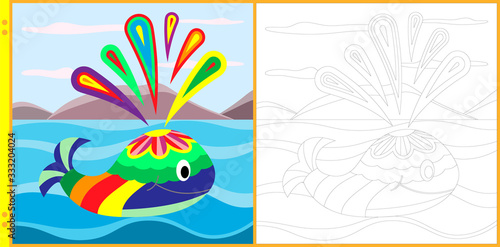 Fantastic whale in the sea. Vector illustration for antistress coloring book for children and adults. Page with black and white contour variant and with color drawing 