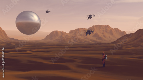 Large Alien Silver Spheres Floating above Arid Mountain Desert with Sediment Mudflat and Sci-Fi Helicopters with Person in a Hazmat Suit Observing it