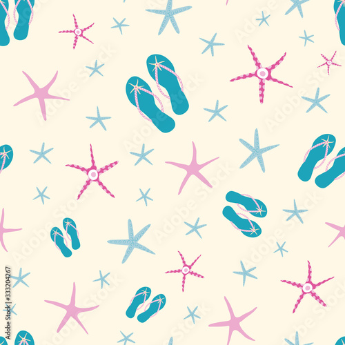 Flip flop shoe seamless vector pattern background. Stylish sandals and starfish beach wedding backdrop. Blue, pink, yellow design. All over print for exotic vacation and honeymoon resort concept