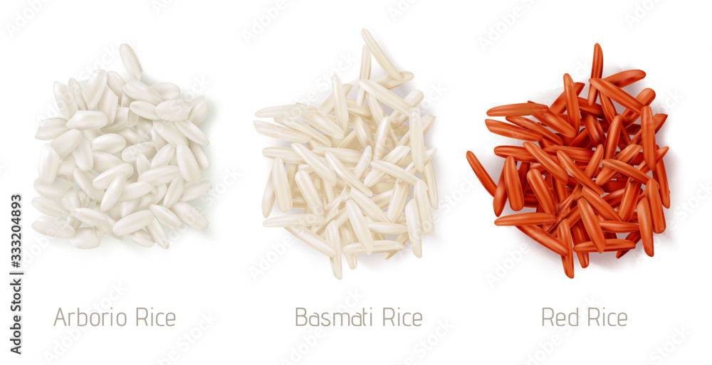 Vecteur Stock Rice grain heaps different types. Vector realistic pile