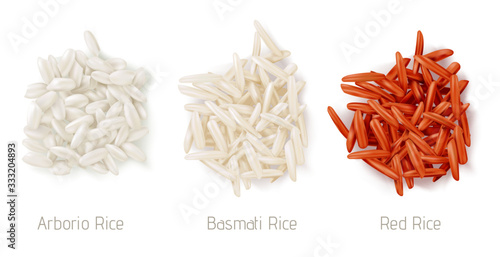 Rice grain heaps different types. Vector realistic pile of raw seeds, arborio, basmati and red rice isolated on white background. Natural organic cereal ingredient for cooking sushi or garnish