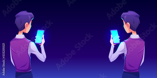 Boy using smartphone app. Man or guy hold in hand mobile phone with shiny blue screen back view. Vector cartoon illustration with gadget user. Ads of mobile device application