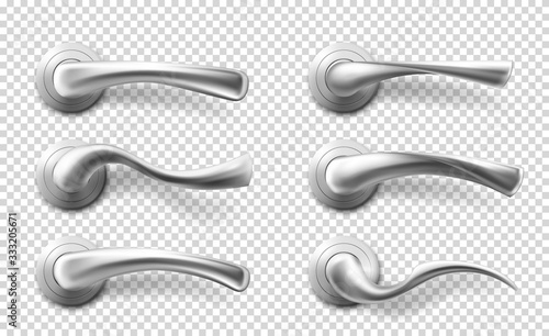 Metal door handles for room interior in office, home or hotel. Vector realistic set of silver doorknob, modern chrome lever handles in different shapes isolated on transparent background