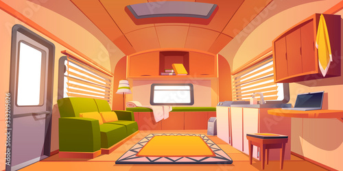 Camping trailer car interior with bed, couch, sink, desk with laptop, bookshelf and jalousie on windows. Rv motor home room inside view, cozy place for living and sleeping, Cartoon vector illustration