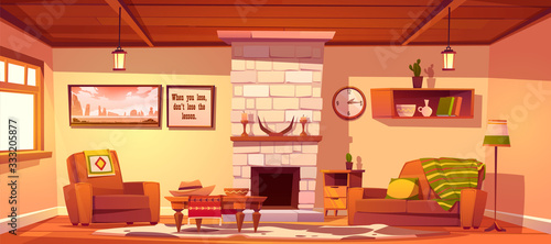 Wild west living room empty interior with western rustic style furniture. Cartoon vector fireplace with horns and candles, couch with plaid, armchair, table, floor lamp, bookshelf and cow skin rag