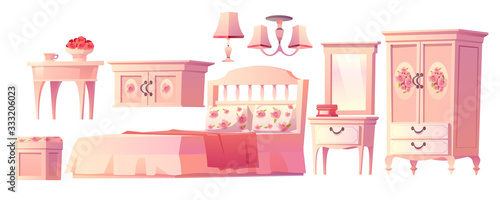 Shabby chic interior set for bedroom isolated on white background. with bed, nightstand, fireplace and hat on hanger. Vector cartoon pink furniture with bed, nightstand, mirror and cabinet