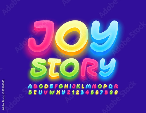 Vector bright sign Joy Story. Creative glowing Font. Colorful Alphabet Letters and Numbers