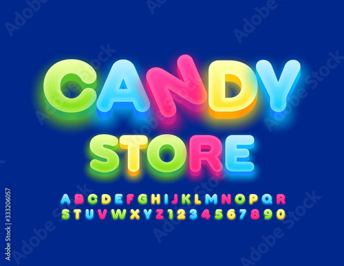 Vector bright sign andy Store. Glowing colorful Font. Creative Alphabet Letters and Numbers