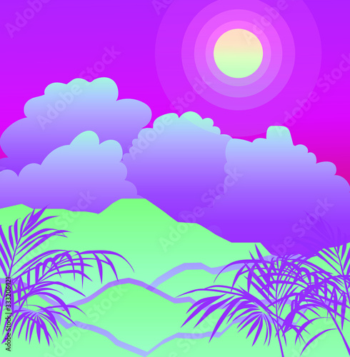 Ambient oriental landscape with sunset above the mountains or hills and tropical palm leaves on foreground in neon vibrant colors. Retrowave cartoon or anime style. © local_doctor