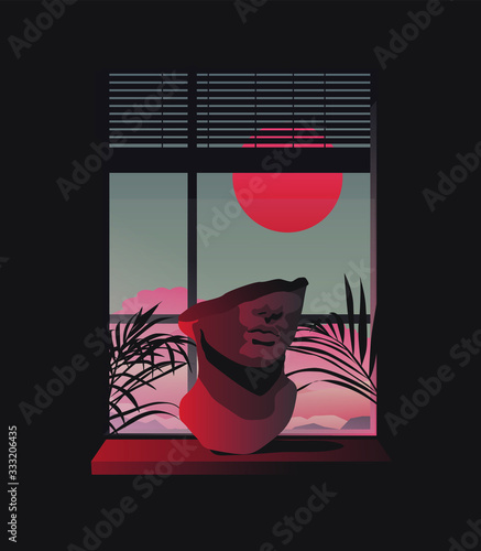 Room interior with open window and  marble sculpture standing on the windowsill. Ambient scene with view on the sunset in cartoon or anime style.  