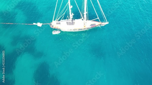 Aerial view of a yaht moored near Spinalonga Island, Crete, Greece photo