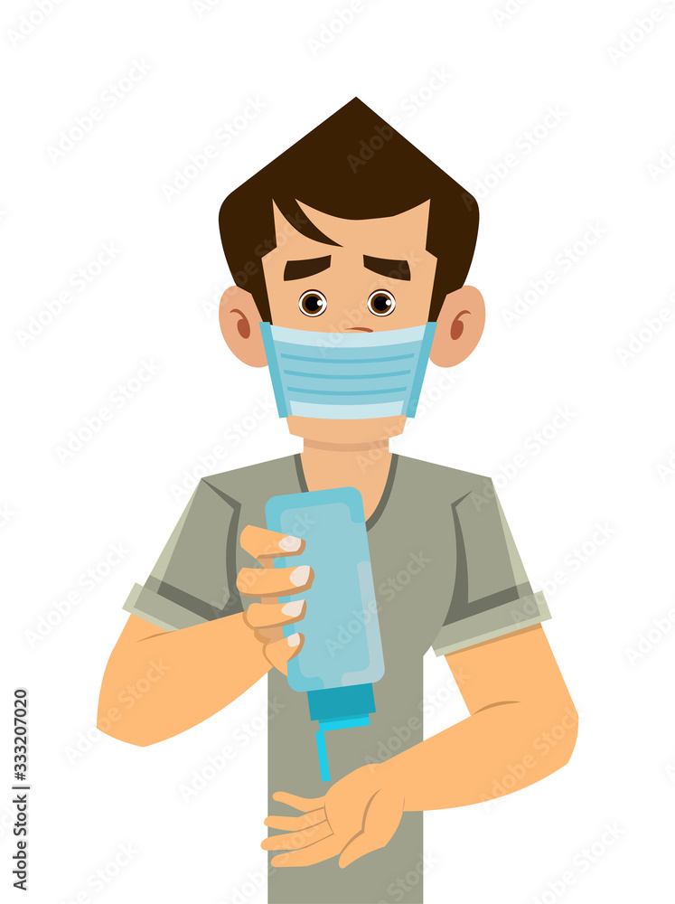 man wear mask and clean his hand with hand sanitizer