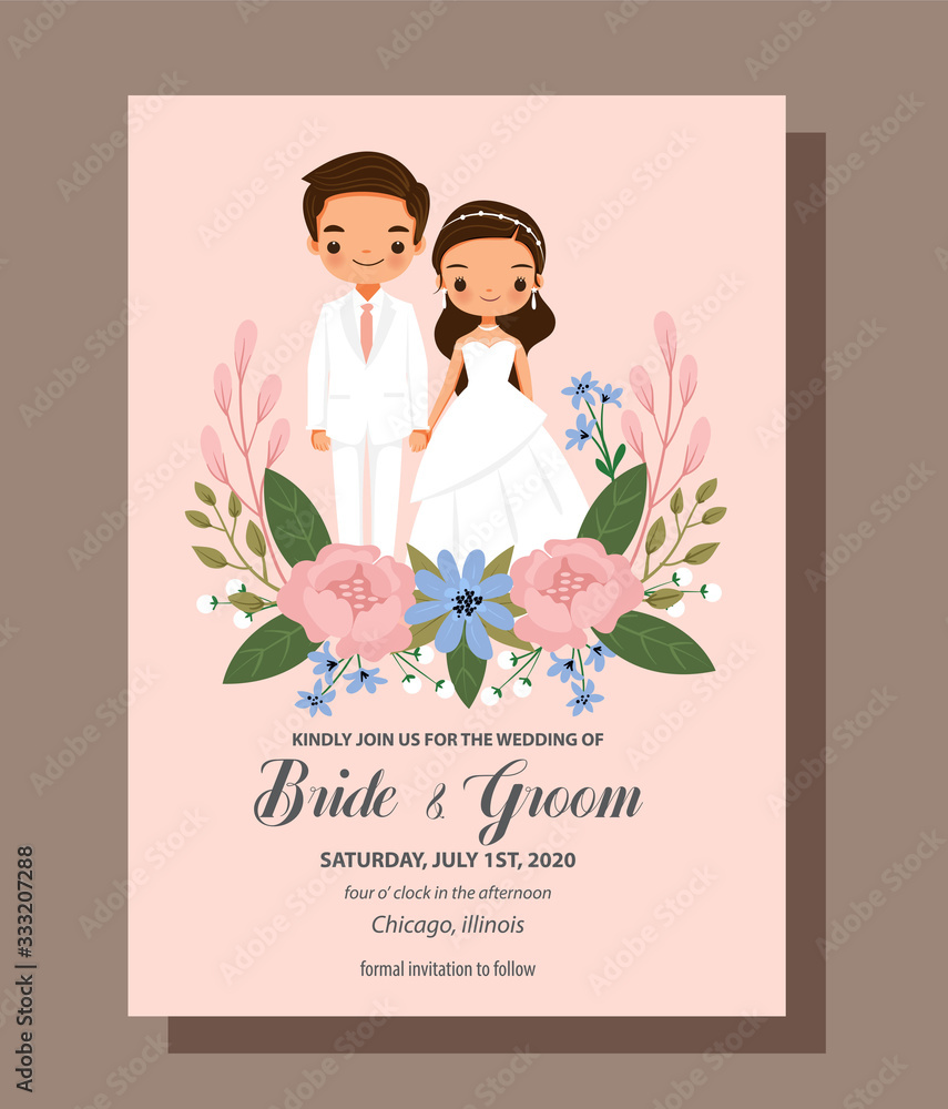 save the date,cute bride and groom couple with flower wedding invitation  card template Stock Vector | Adobe Stock
