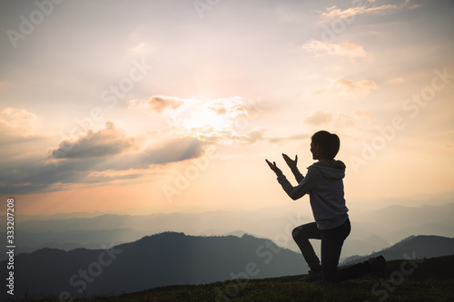 Картината върху платно Christian Religion concept background, Human hands open palm up worship