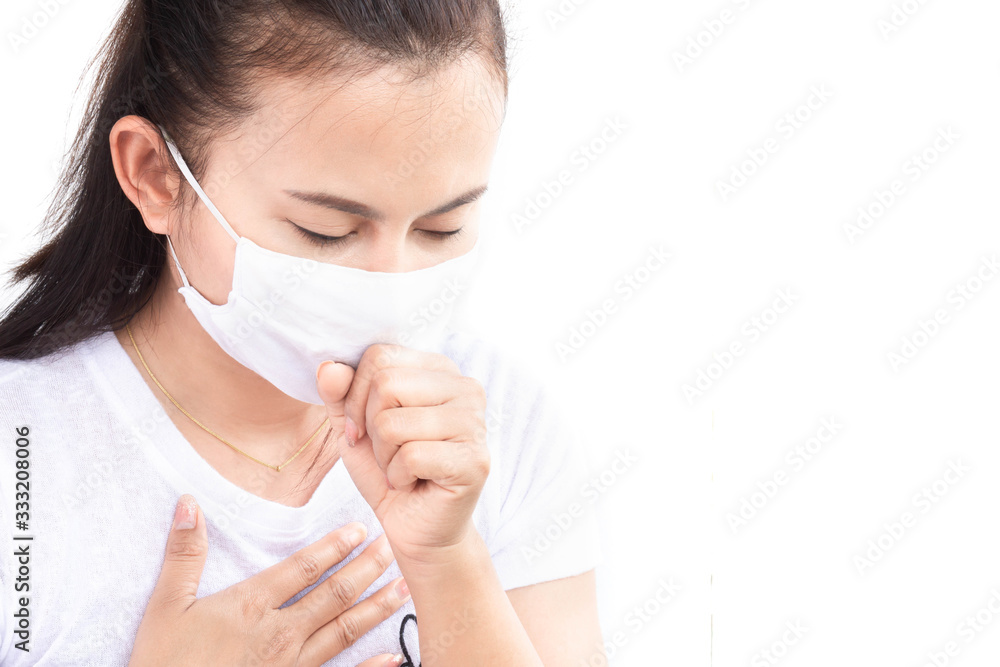 Closeup woman wearing face mask for protect air polution or virus covid 19 with cough on white background, health care and medical concept Closeup woman wearing face mask for protect air polution or virus covid 19 with cough on white background, health care and medical concept
