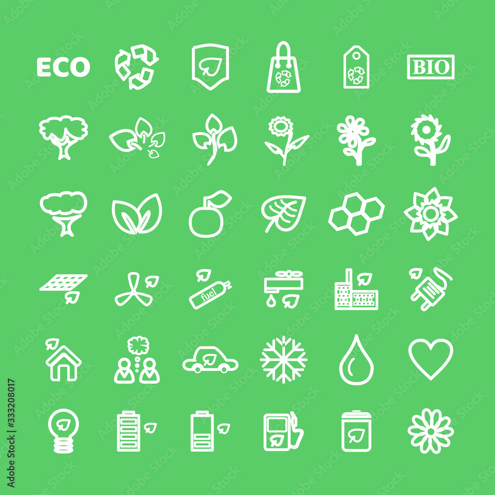 Set of vector White Eco Icons on green in flat thin line style. Ecology, Nature, Energy, Environment and Recycle Icons Set of vector White Eco Icons on green in flat thin line style. Ecology, Nature, Energy, Environment and Recycle Icons
