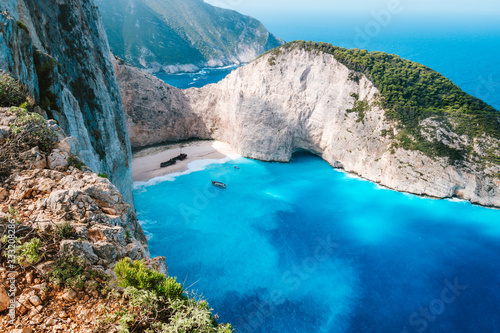 Greece, Zakynthos. Stranded panagiotis freightliner ship in navagio beach from top view