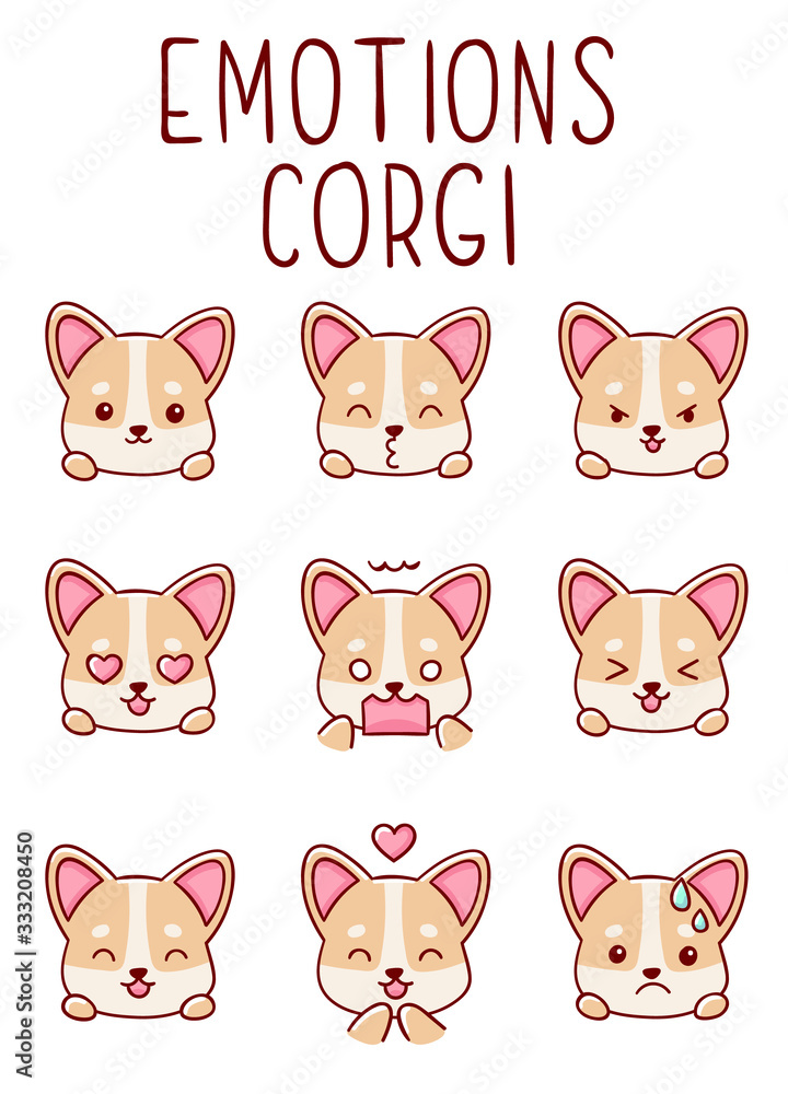 Cute kawaii hand drawn emotion corgi dog doodles, isolated on white background