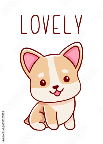 Cute kawaii hand drawn corgi dog doodles, lettering lovely , isolated on white background