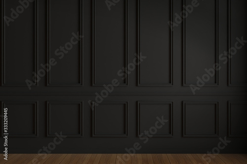 Black Wainscot Wall Empty Classic Room, Molding Wall 3D Render