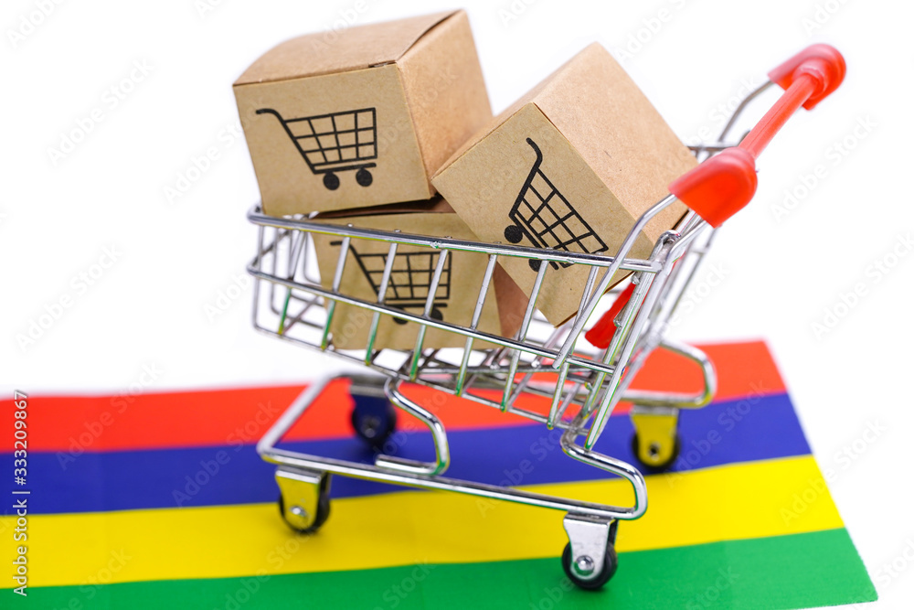 Box with shopping cart logo and Mauritius flag : Import Export Shopping online or eCommerce finance delivery service store product shipping, trade, supplier concept.