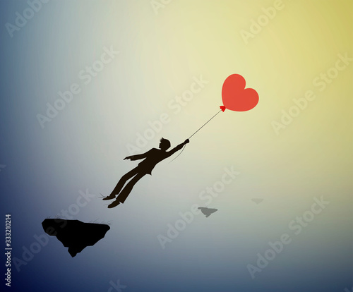 fall in love concept, boy silhouette holds the red heart shaped balloon and flying up to sun, dreamer concept, shadow story