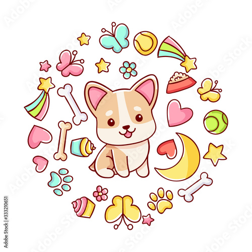 Cute kawaii hand drawn corgi dog doodles, circle print , isolated on white background