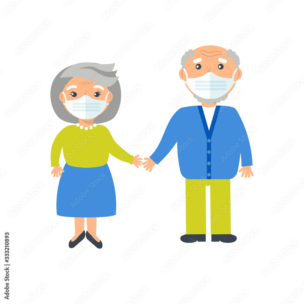 High risk group,elderly people, coronavirus or nCov-2019 virus infection. Female and male cartoon characters holding hands and wearing hygenic face mask for protection on white background High risk group,elderly people, coronavirus or nCov-2019 virus infection. Female and male cartoon characters holding hands and wearing hygenic face mask for protection on white background