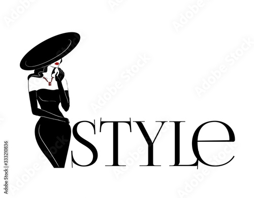 Fashion woman in big hat and diamonds logo
