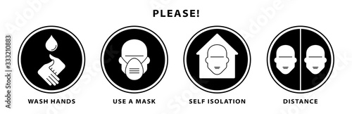 Recommendations for the prevention of viral infectious diseases. Preventive measures to maintain health. Wash your hands, use a mask, keep your distance and isolate yourself. Isolated vector elements.