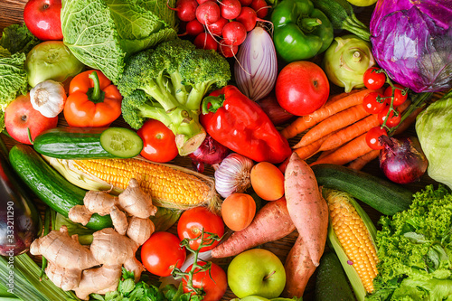 Composition with assorted raw fresh mix vegetables. Variety vegetable top view background.