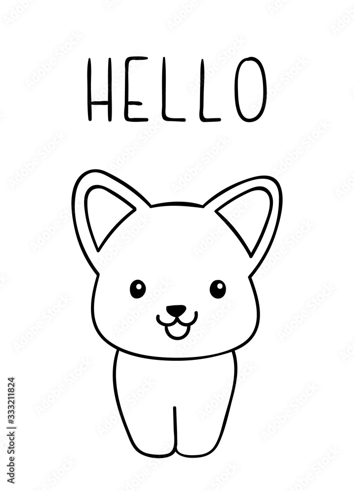 Coloring pages, black and white cute kawaii hand drawn corgi dog doodles, lettering hello Coloring pages, black and white cute kawaii hand drawn corgi dog doodles, lettering hello