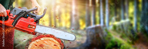 Chainsaw in motion wide banner or panorama photo. Woodcutter man clean chain saw after work. Hard wood working in forest. Sawdust fly around.