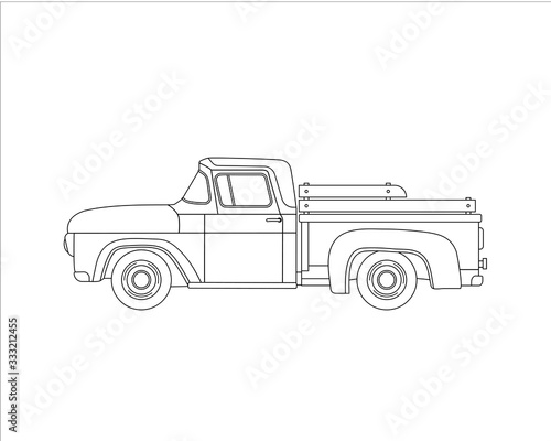 Contour old farmer retro pickup truck isolated on white background. Vintage transport car